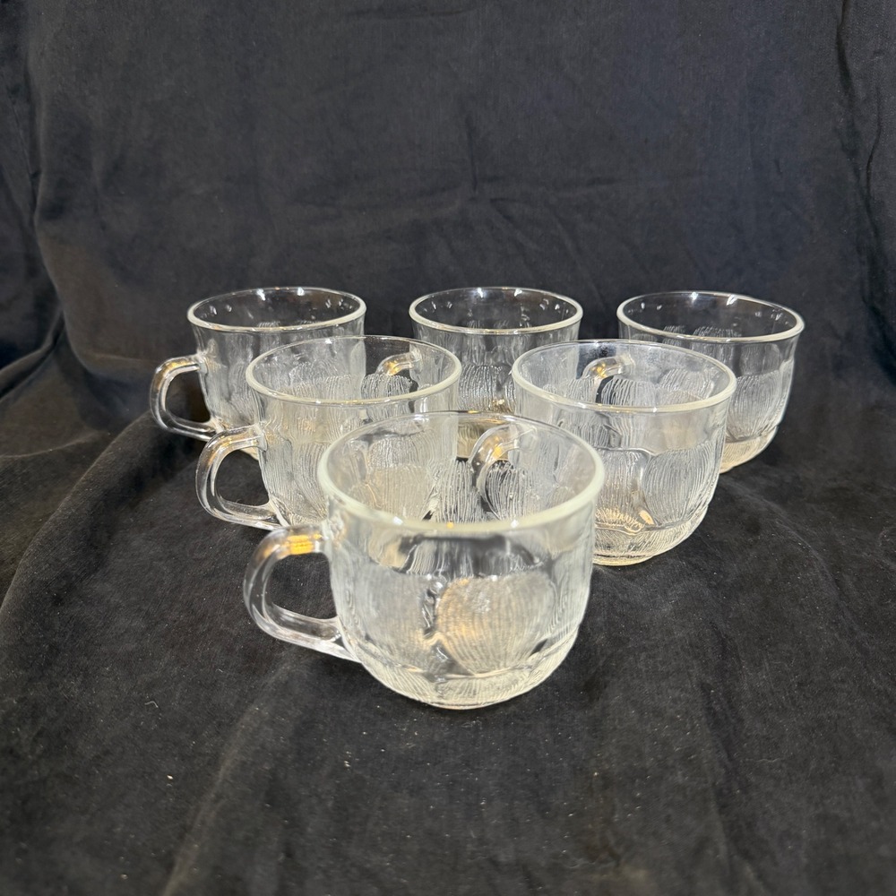 Vintage Arcoroc France Aspen Leaf Glass Coffee Mug Set of 6 Clear 3.25"
